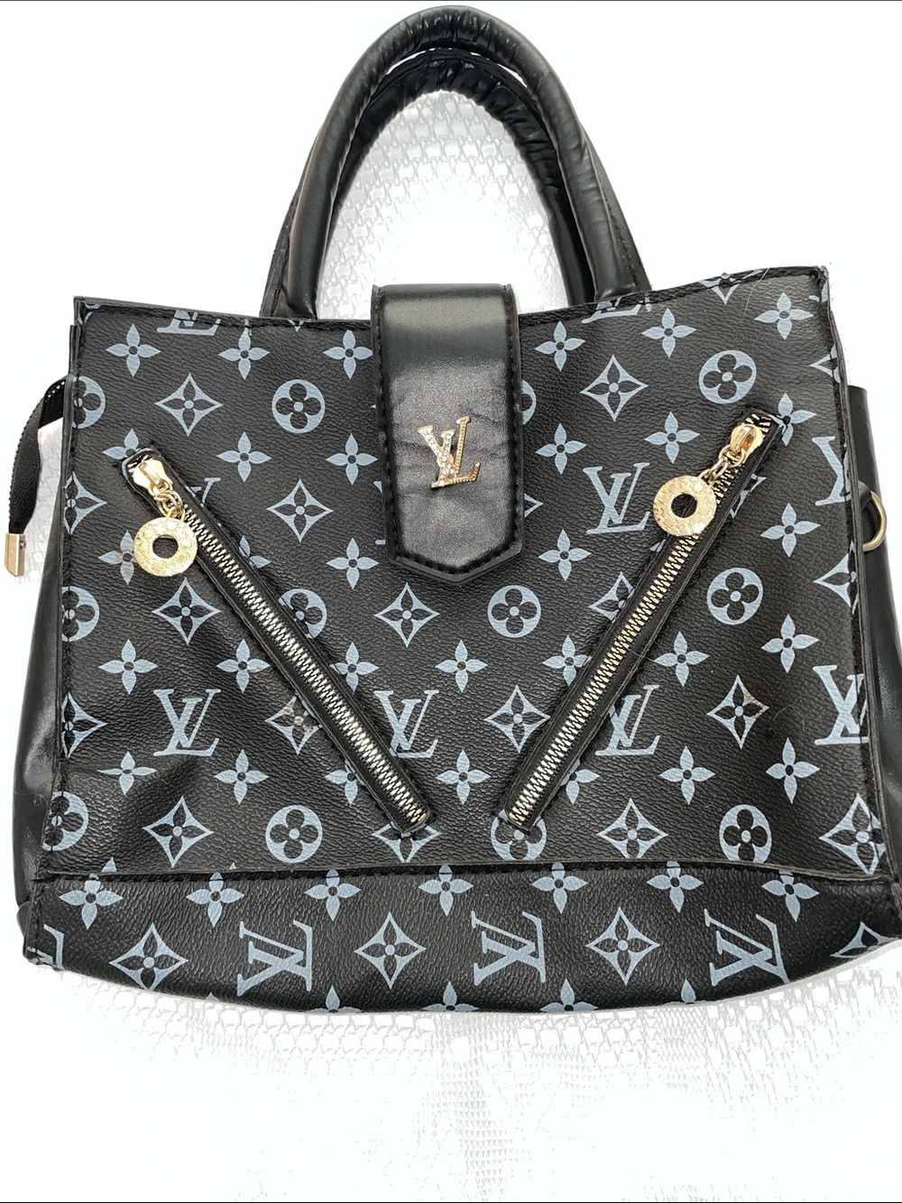 Black & Light Gray Monogram Satchel with Gold Hardware